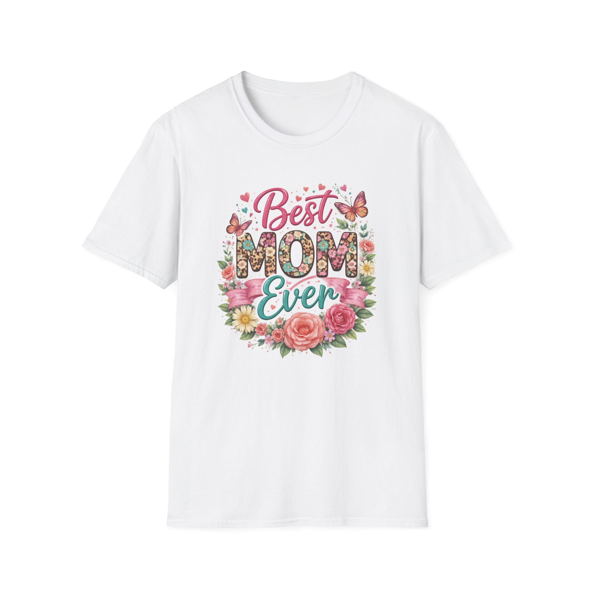 White t-shirt with 'Best Mom Ever' text and floral design on a white background