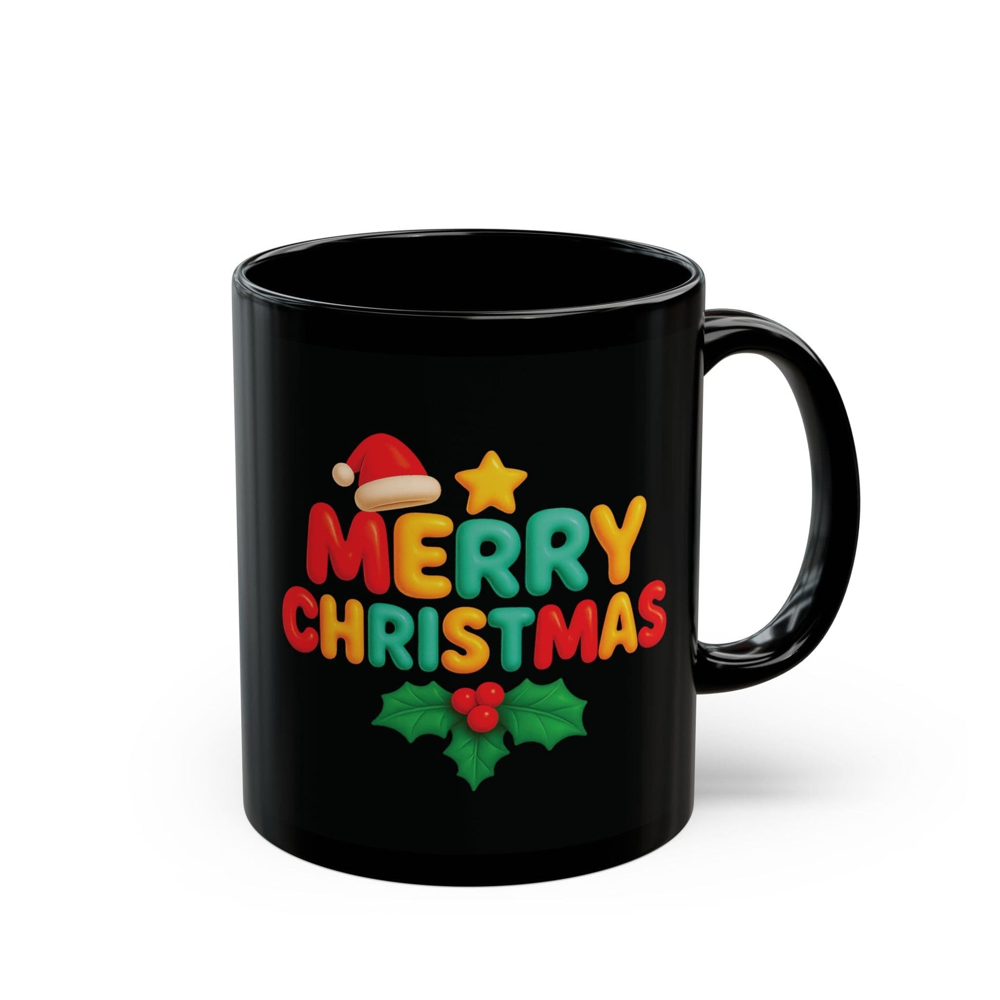 Black Ceramic Christmas Mug with Colorful Merry Christmas Text, Santa Hat, Star, and Holly – Festive 11oz Holiday Coffee Cup
