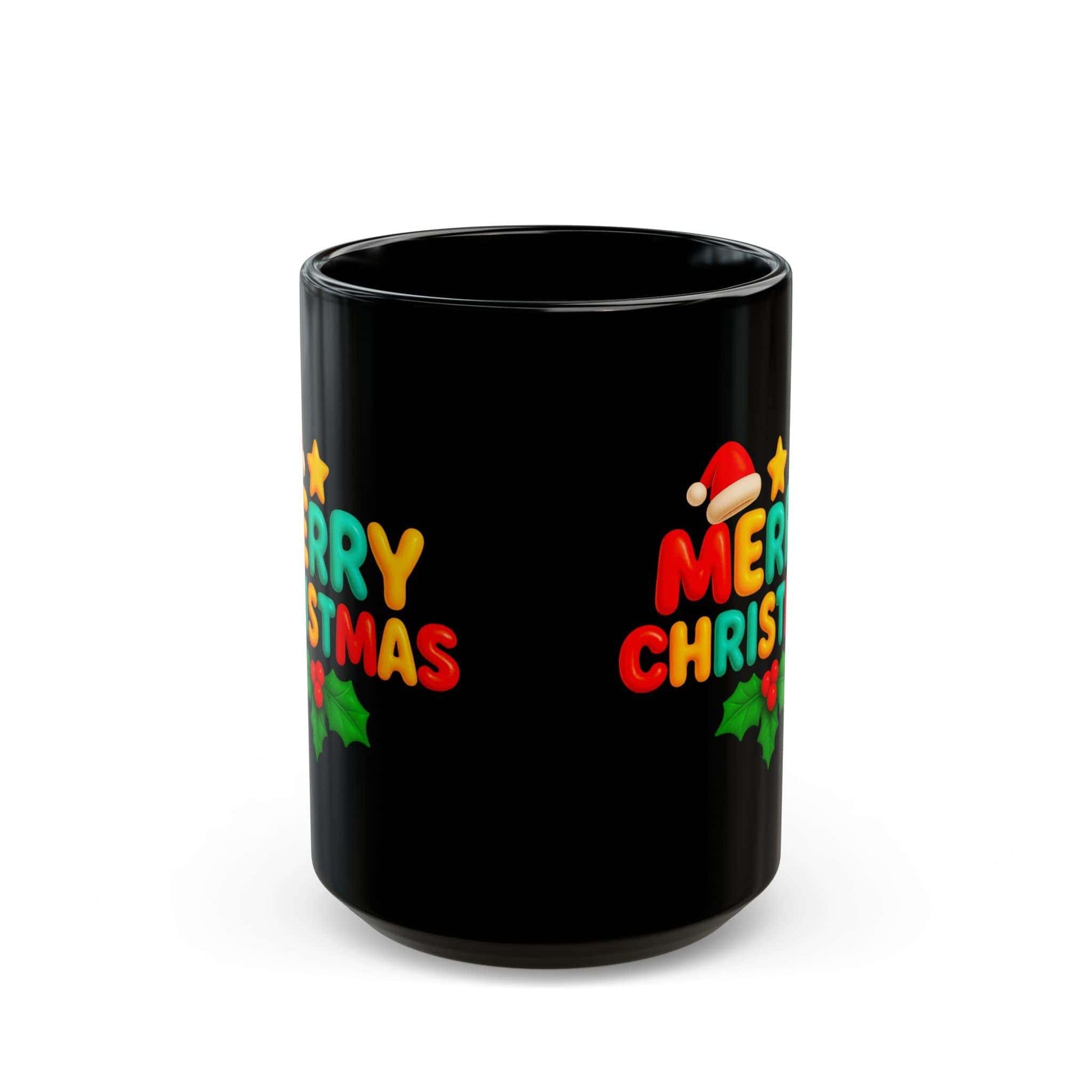 Black Christmas Mug with Colorful Merry Christmas Text and Holly Leaves – Holiday Gift Idea