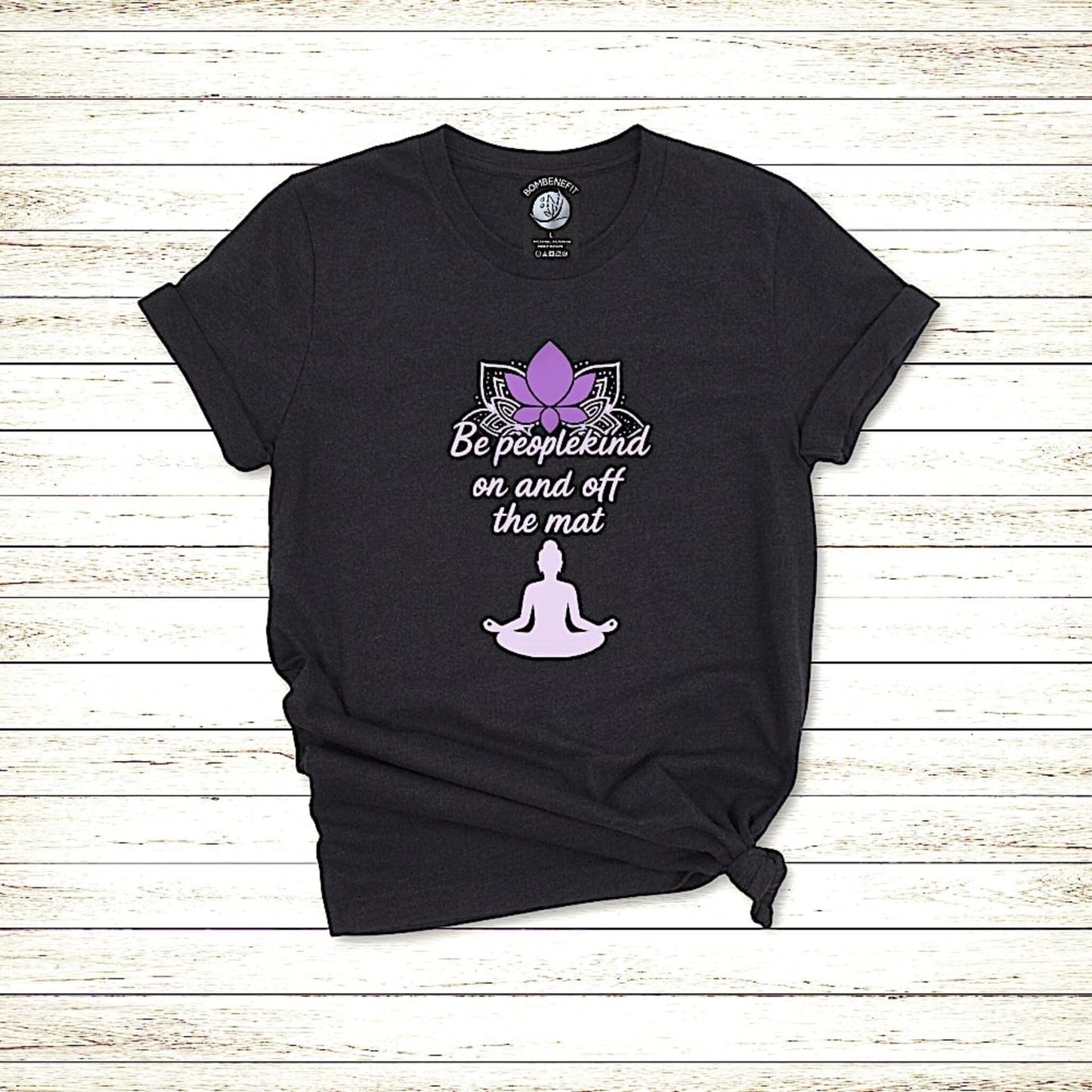 Black Heather Bella Canvas 3001 yoga t-shirt with purple lotus and quote Be peoplekind on and off the mat

