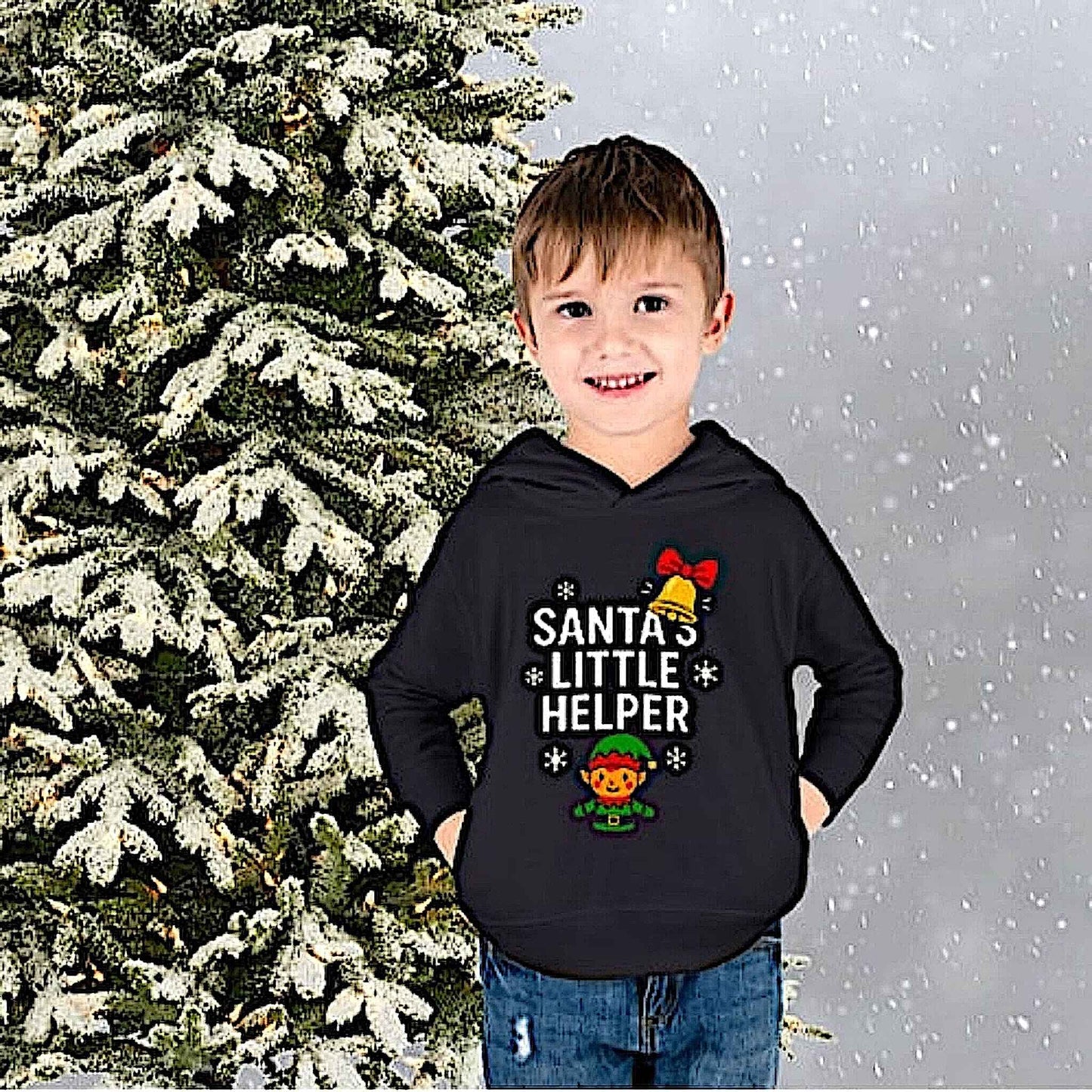 Black kids Christmas hoodie with Santa's Little Helper elf design, festive holiday outfit for children.