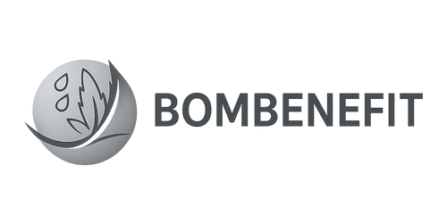 Bombenefit logo with a gray leaf and water droplets icon next to the brand name in bold sans-serif font