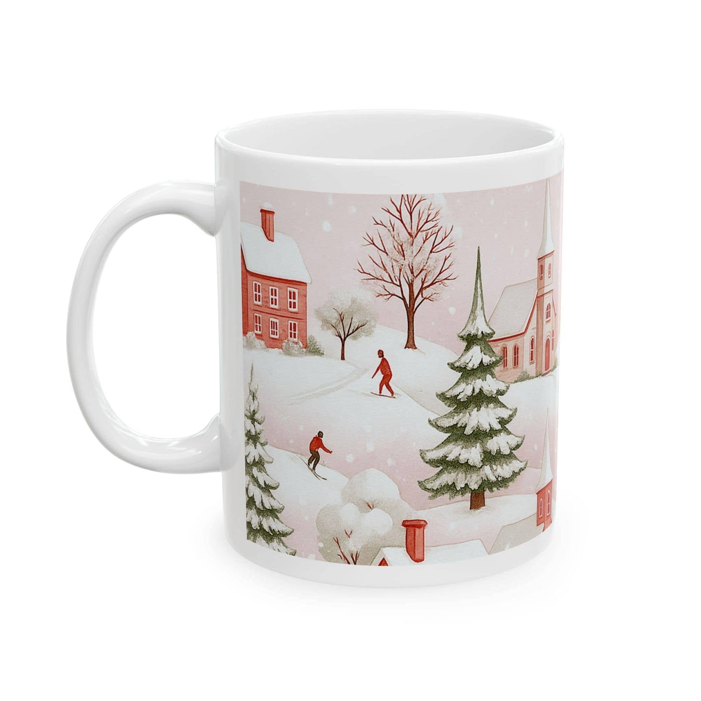 White ceramic mug with pink winter village scene, skiers, snow-covered trees, and festive houses.