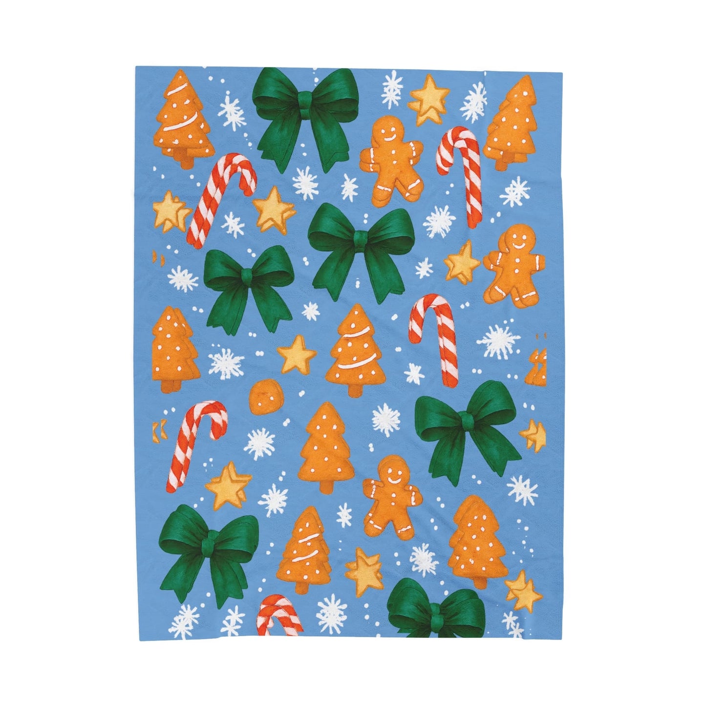 Festive Christmas blanket with gingerbread cookies, candy canes, green bows, and snowflakes on a blue background – cozy holiday pattern design.