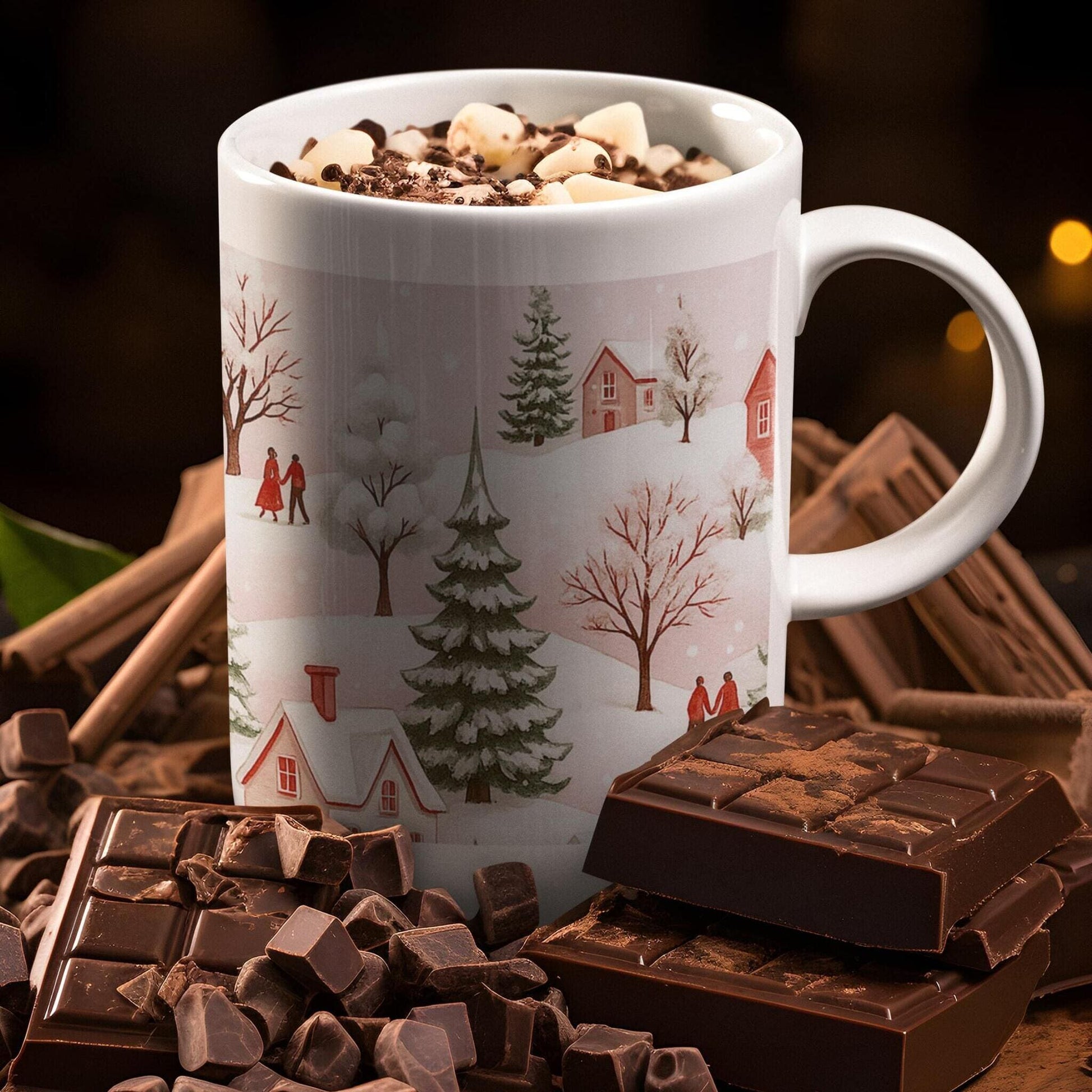 White holiday mug with snowy village design filled with hot chocolate and marshmallows, surrounded by dark chocolate chunks and cinnamon sticks