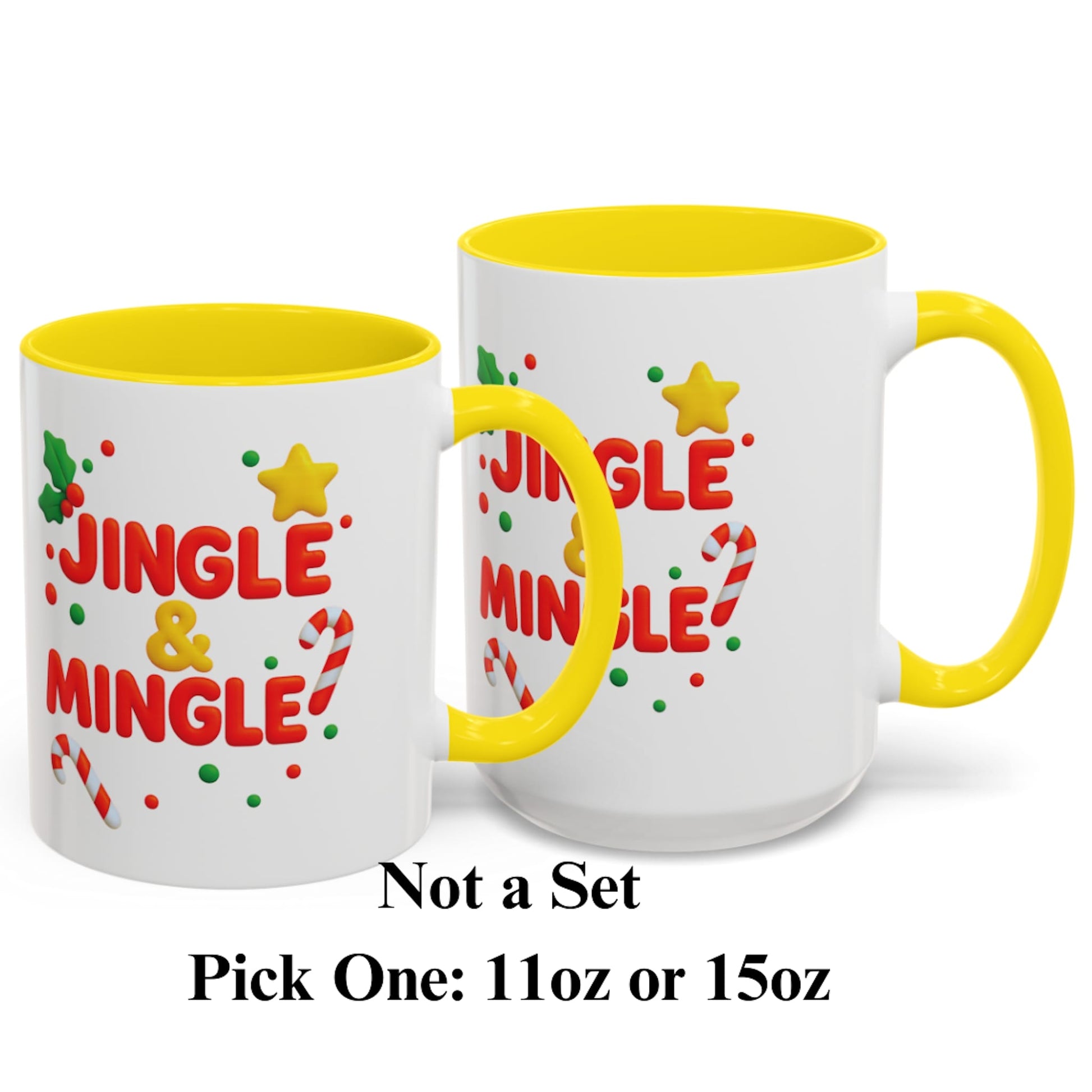 Christmas Jingle & Mingle coffee mug with yellow handle, festive candy canes, holly, stars. Available in 11oz or 15oz.