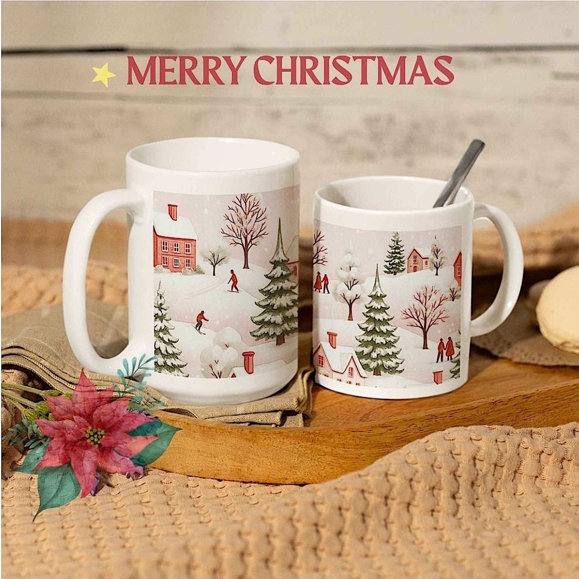  Cozy Christmas scene on 11 oz and 15 oz white ceramic mugs with snowy village design,   holiday gift set on rustic tray with poinsettia and cookies
