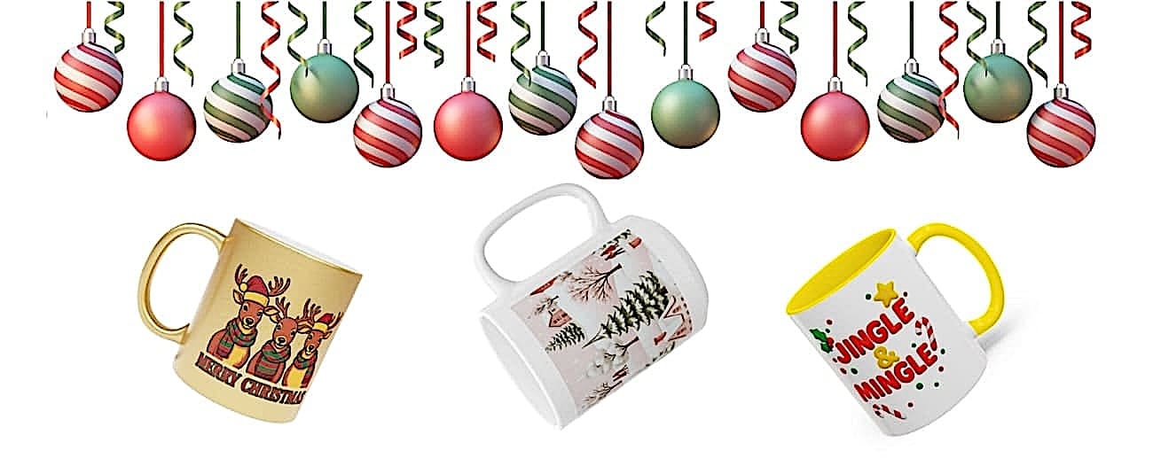 Christmas-themed mugs with festive designs including reindeer, winter scenery, and Jingle & Mingle text.
