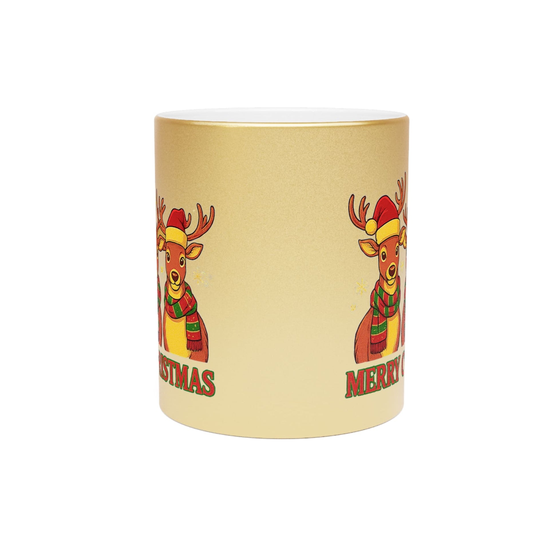 Christmas mug with cute reindeer wearing Santa hat and scarf on yellow background – festive holiday gift idea
