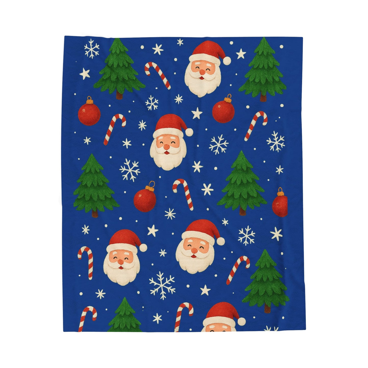 Blue Christmas throw blanket with Santa faces, candy canes, trees, snowflakes, and ornaments festive design.