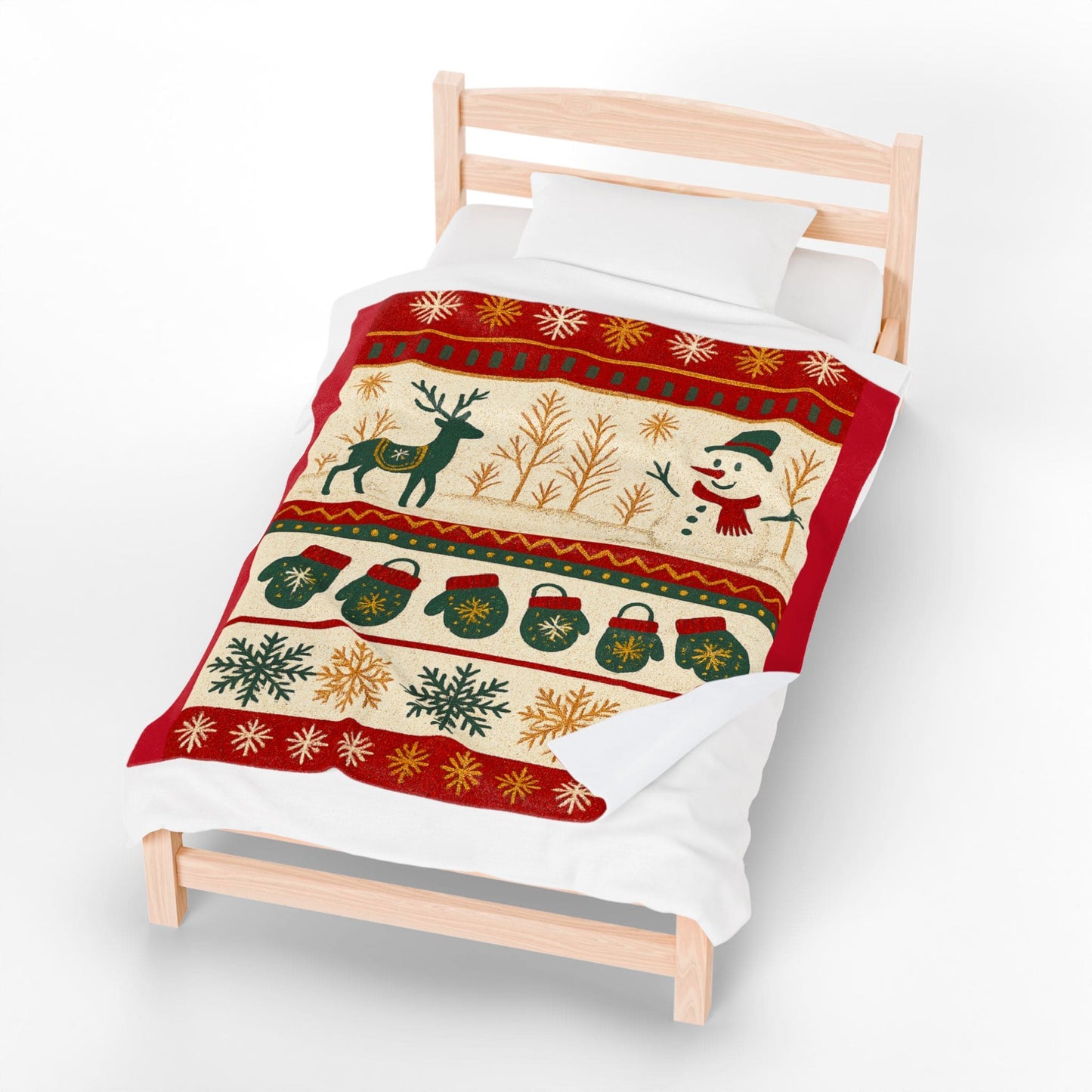 Medium plush Christmas blanket featuring a cheerful snowman, reindeer and mittens in festive red and green — warm holiday home decor.