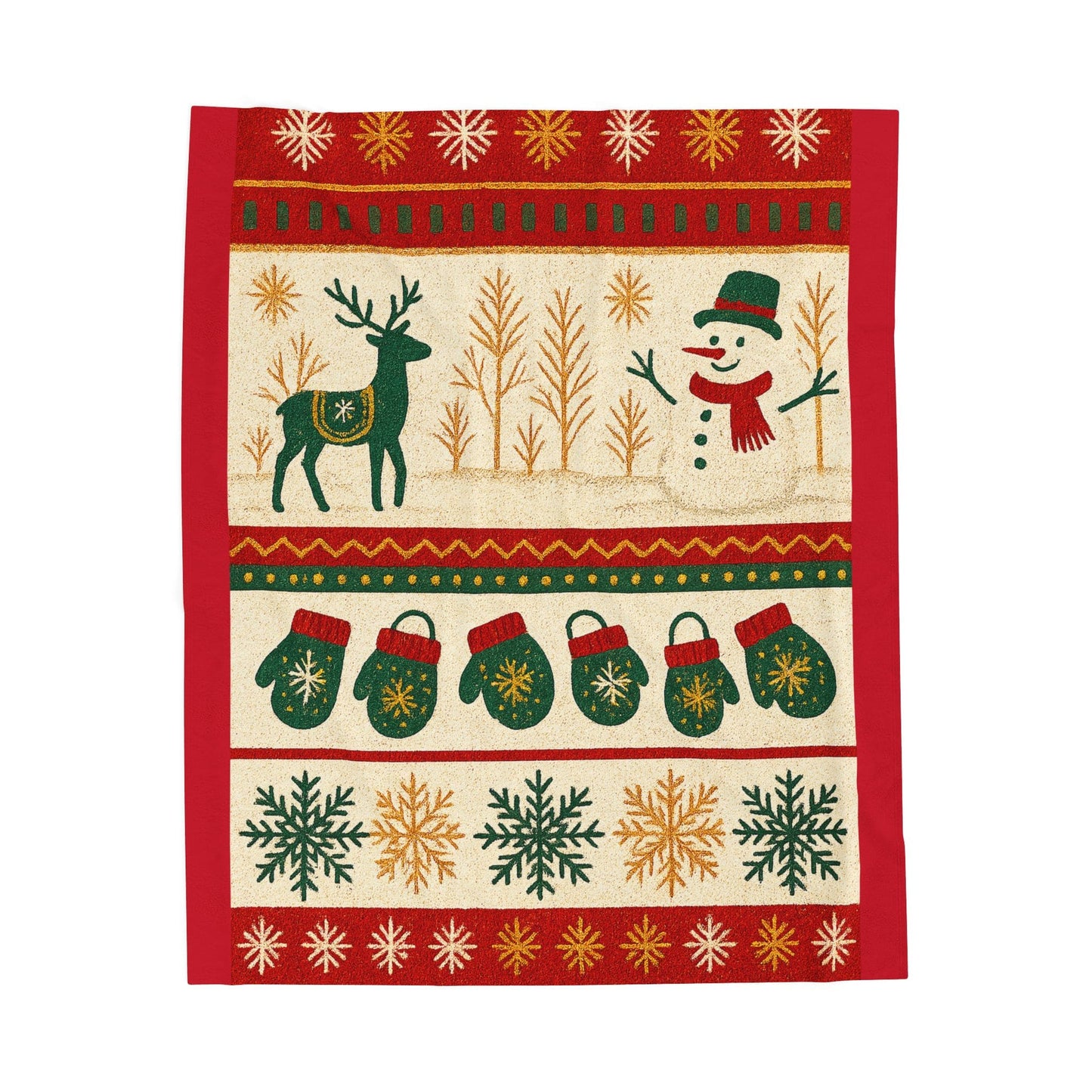 Cozy Christmas plush blanket featuring snowman, reindeer, and mitten patterns in festive red, green, and gold — soft holiday throw for home decor or gifting.