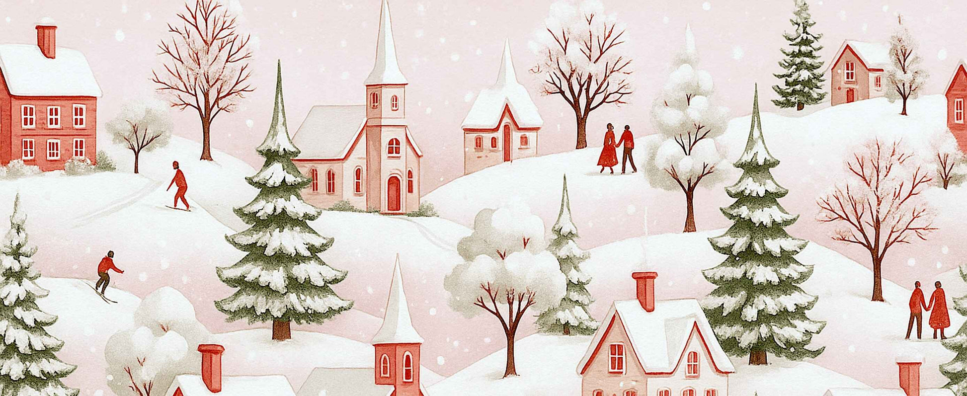 Christmas illustration of a snowy village with cozy houses, snow-covered trees, a church, and people walking or skiing through a winter landscape at dusk