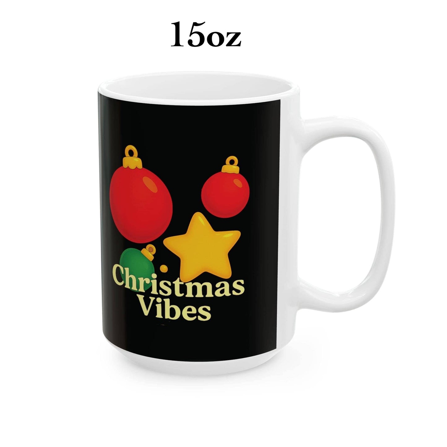 15oz black Christmas mug with festive ornaments and 'Christmas Vibes' text – perfect holiday gift

