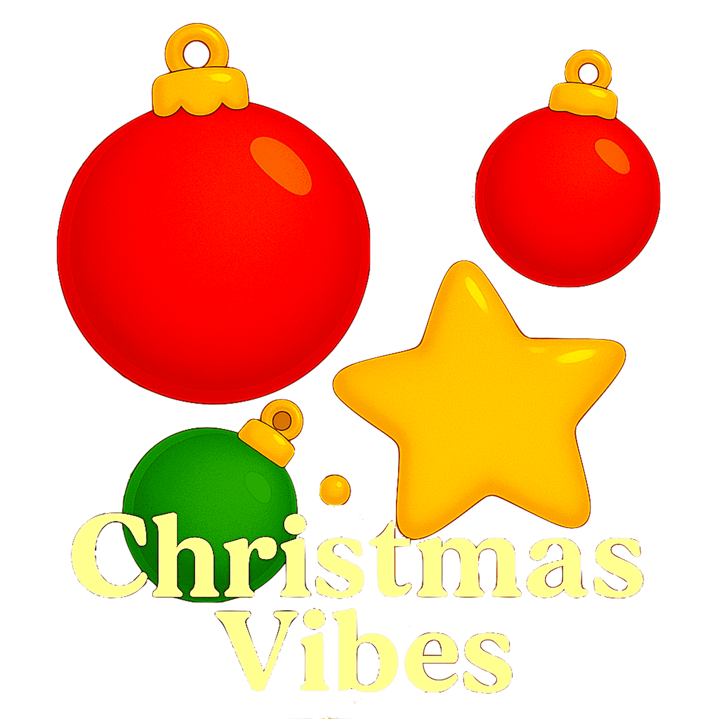 Festive Christmas Vibes mug design with red and green ornaments and golden star, perfect for holiday gift ideas and seasonal drinkware.