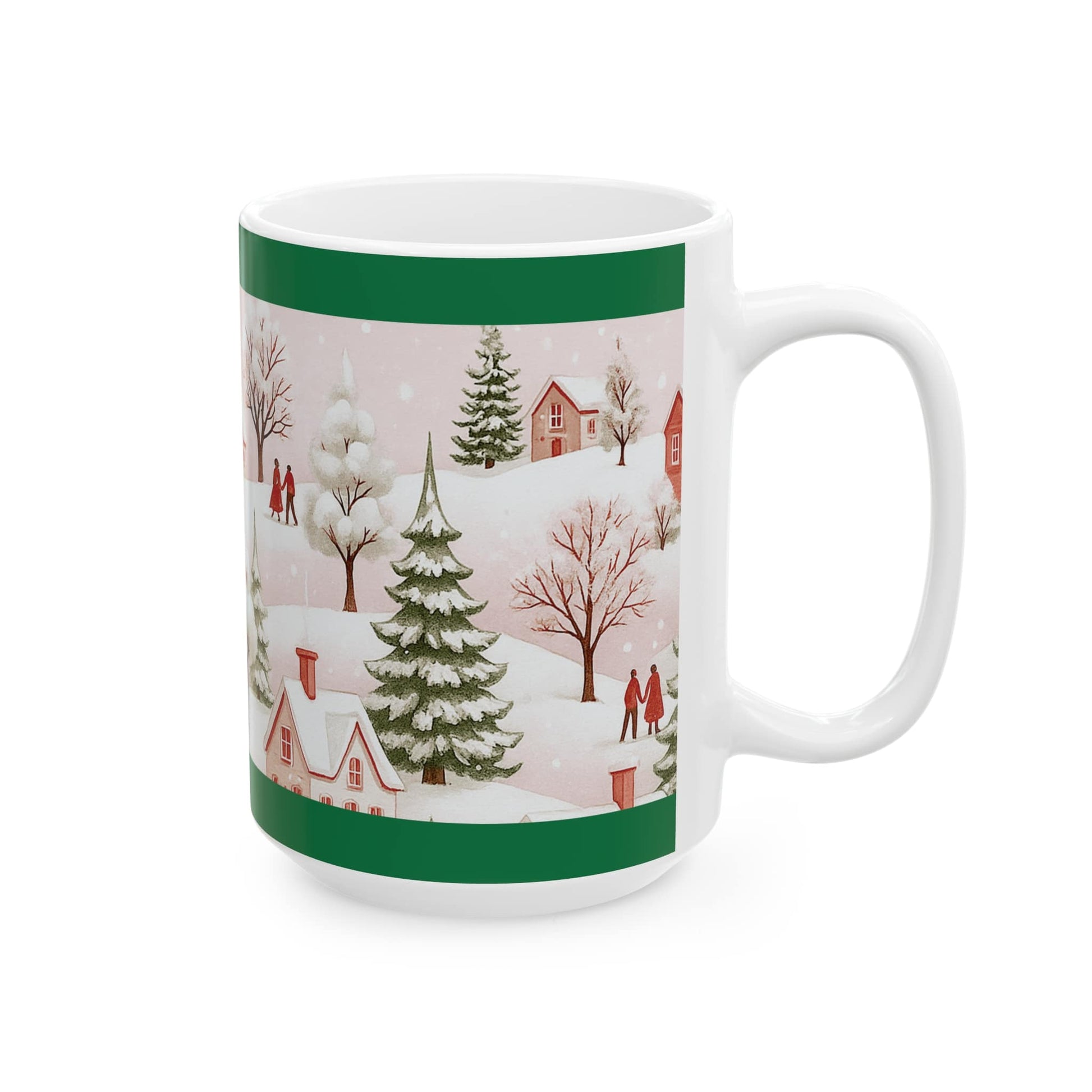 15oz ceramic mug with festive winter village illustration, snow-covered houses and trees, ideal Christmas gift mug