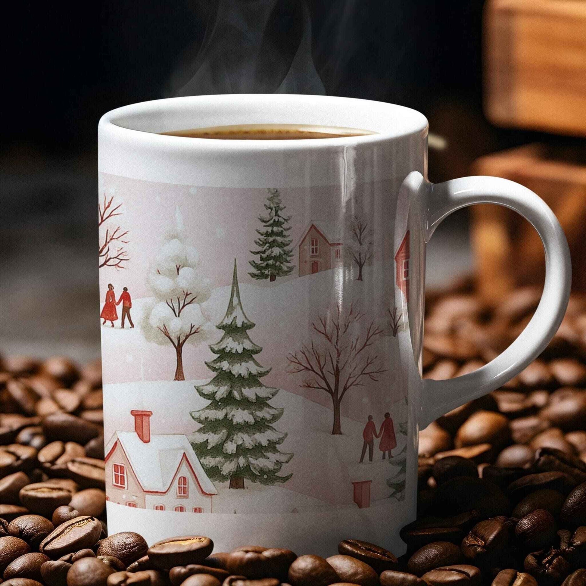 White ceramic coffee mug with cozy Christmas village scene, snow-covered trees and houses, perfect holiday gift, surrounded by coffee beans