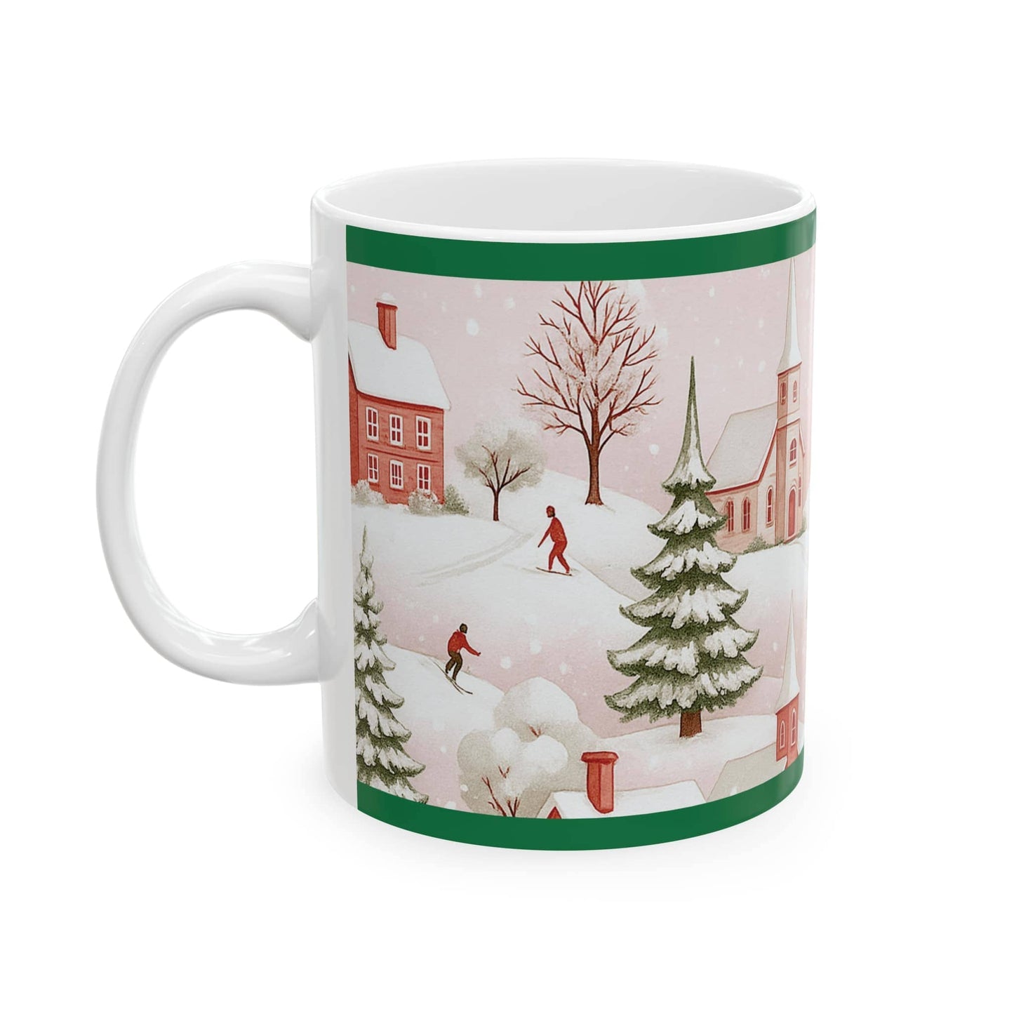 11oz ceramic mug featuring a charming Christmas village scene with snow, trees, and skaters — perfect holiday gift