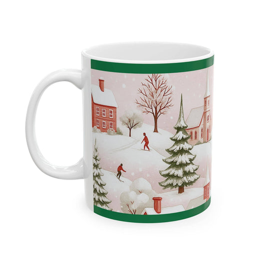 11oz ceramic mug featuring a charming Christmas village scene with snow, trees, and skaters — perfect holiday gift