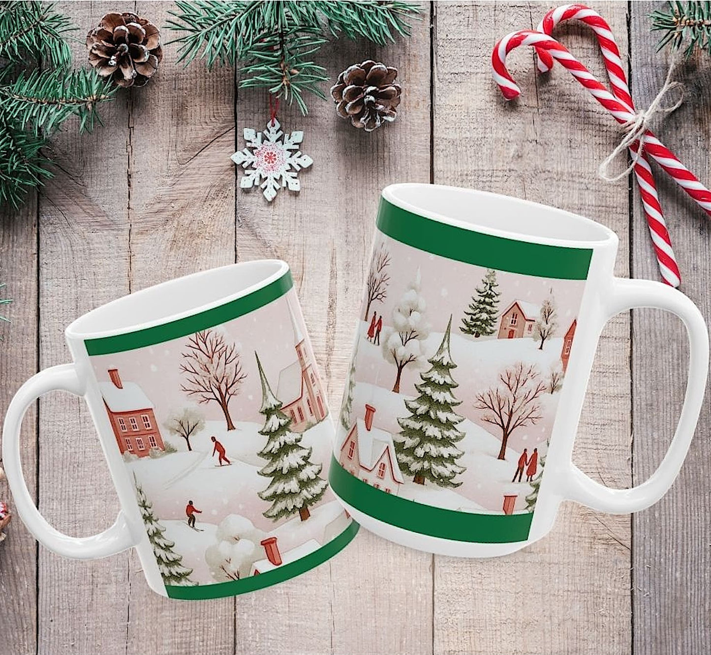 Festive Christmas mugs with winter village scene, snow-covered trees, and holiday decor, perfect for seasonal gifts