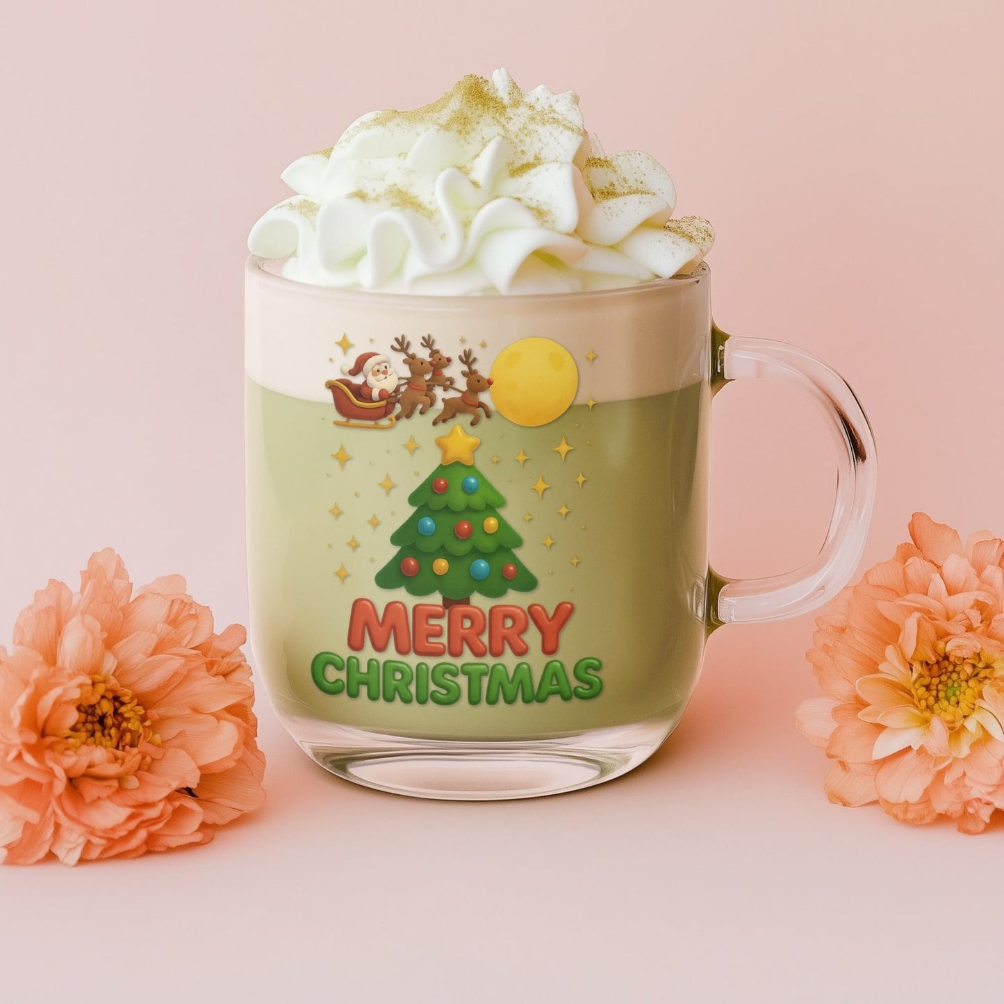 Three clear glass mugs featuring a colorful Merry Christmas design with Santa, reindeer, tree, and festive stars.