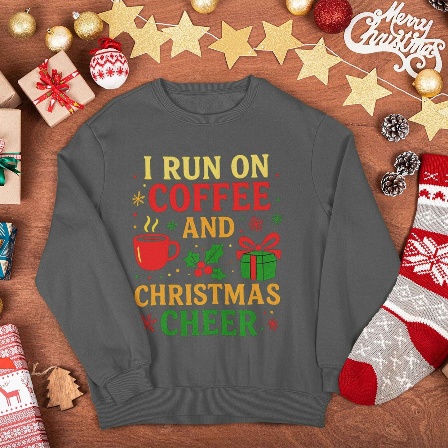 Dark gray Christmas sweatshirt with coffee and holiday cheer design, cozy festive pullover gift idea for men and women.