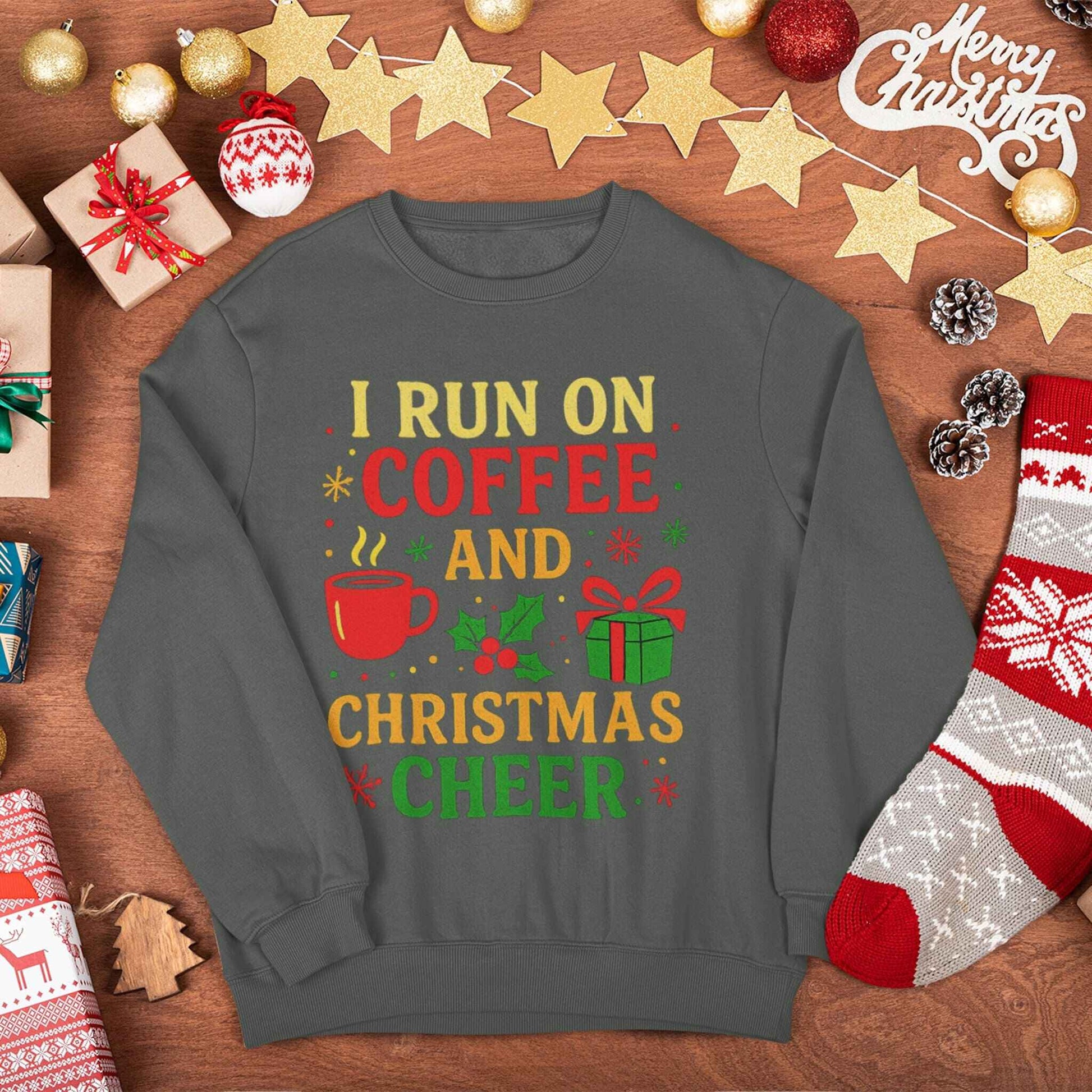 Dark gray Christmas sweatshirt with coffee and holiday cheer design, cozy festive pullover gift idea for men and women.