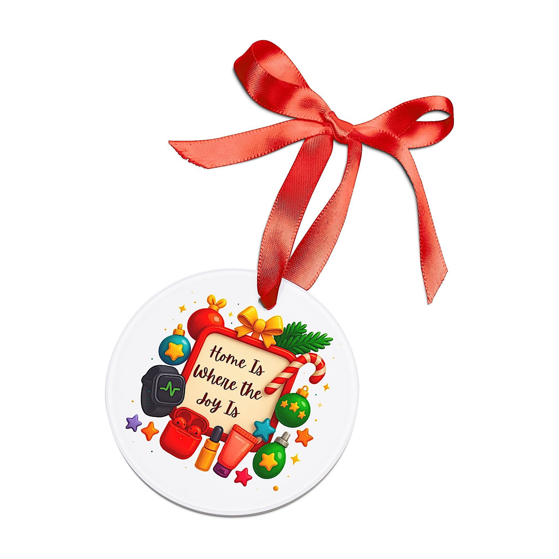 Colorful Christmas ornament with red ribbon, candy cane, baubles, and cheerful quote for home décor.