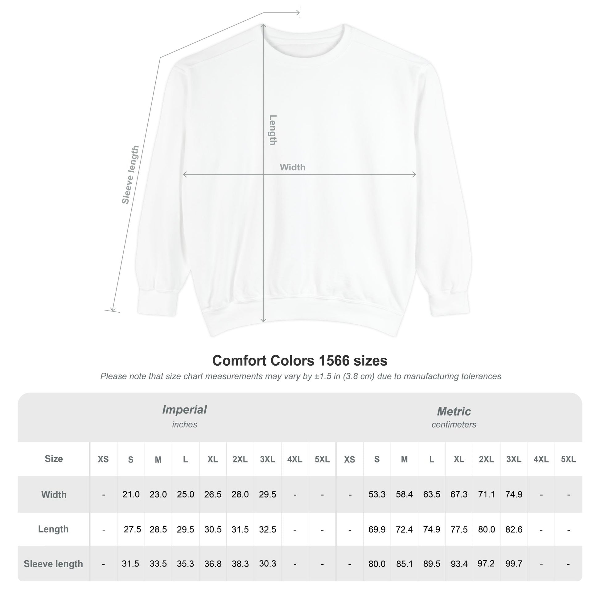 Comfort Colors 1566 sweatshirt size chart with width, length, and sleeve measurements in inches and centimeters for unisex fit.