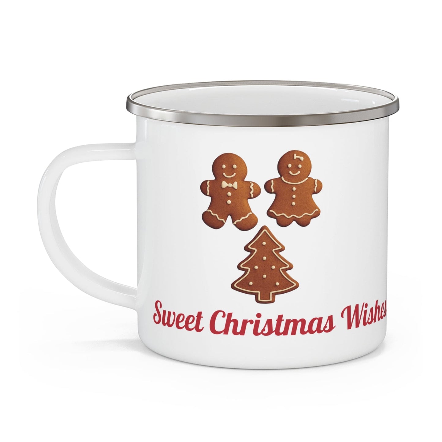 White enamel mug with gingerbread man, gingerbread woman, and Christmas tree cookie, plus red Sweet Christmas Wishes text.