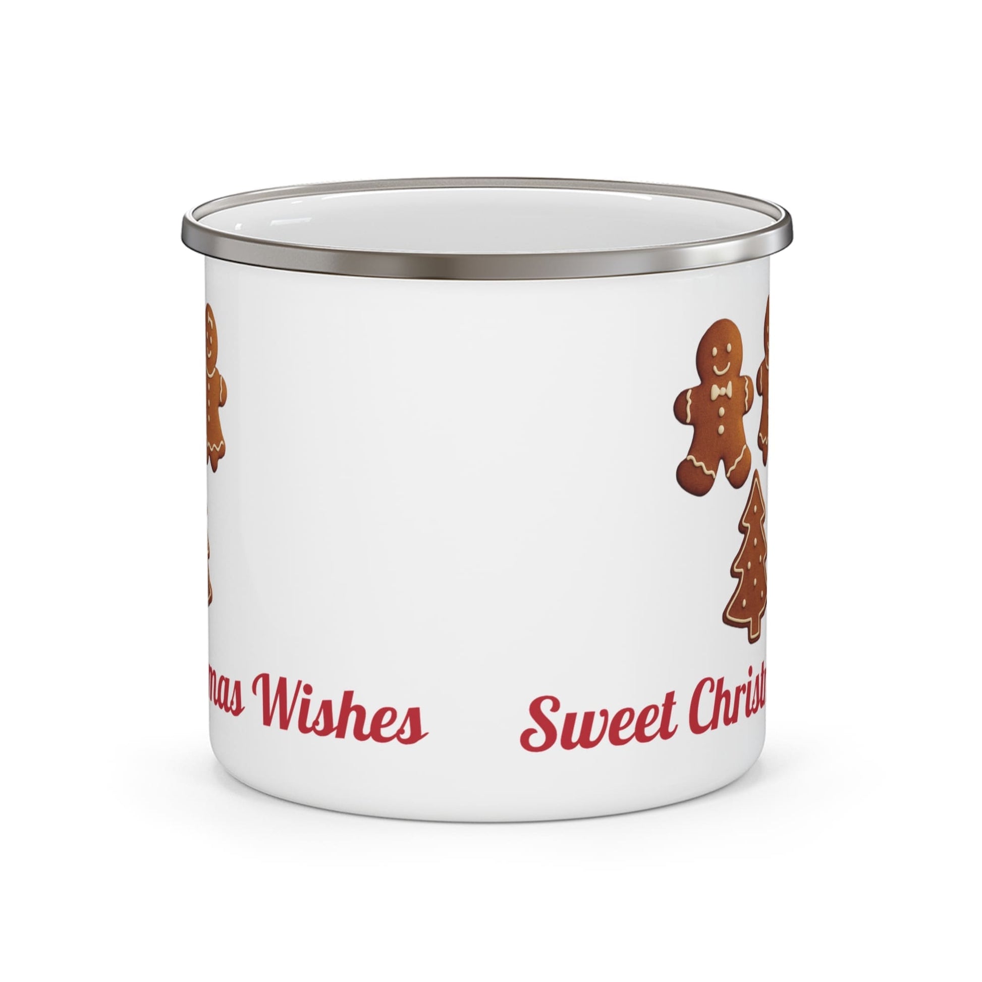 White enamel camping mug with silver rim, featuring gingerbread cookies and Christmas tree design, and red festive text 'Sweet Christmas Wishes'.