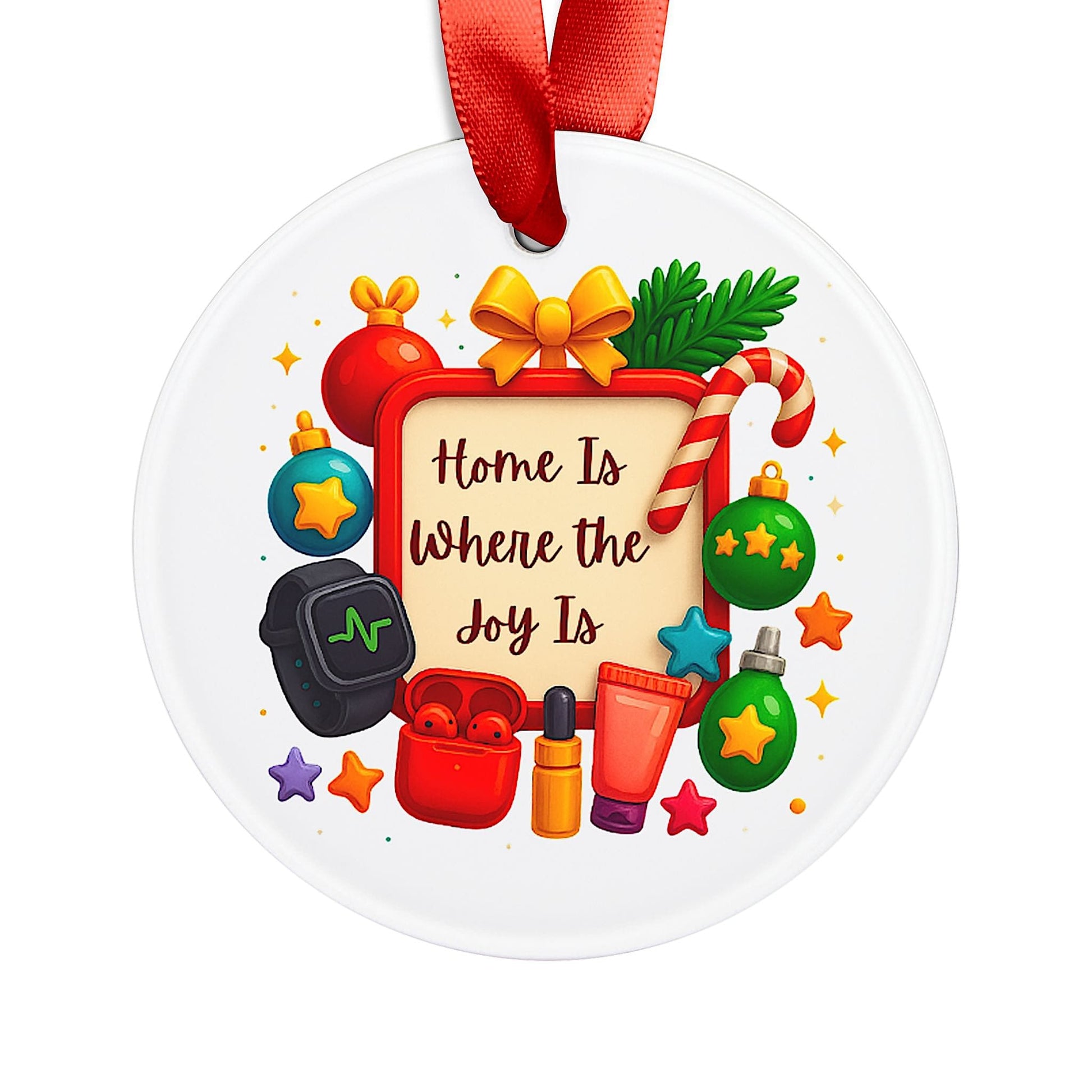 Round ceramic ornament featuring holiday icons and the phrase “Home Is Where the Joy Is.