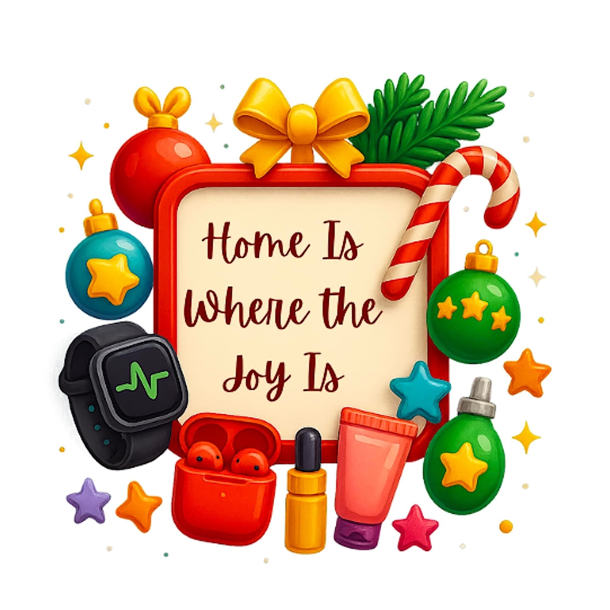 Colorful Christmas-themed artwork with quote about home and joy, surrounded by holiday decorations and gift items.