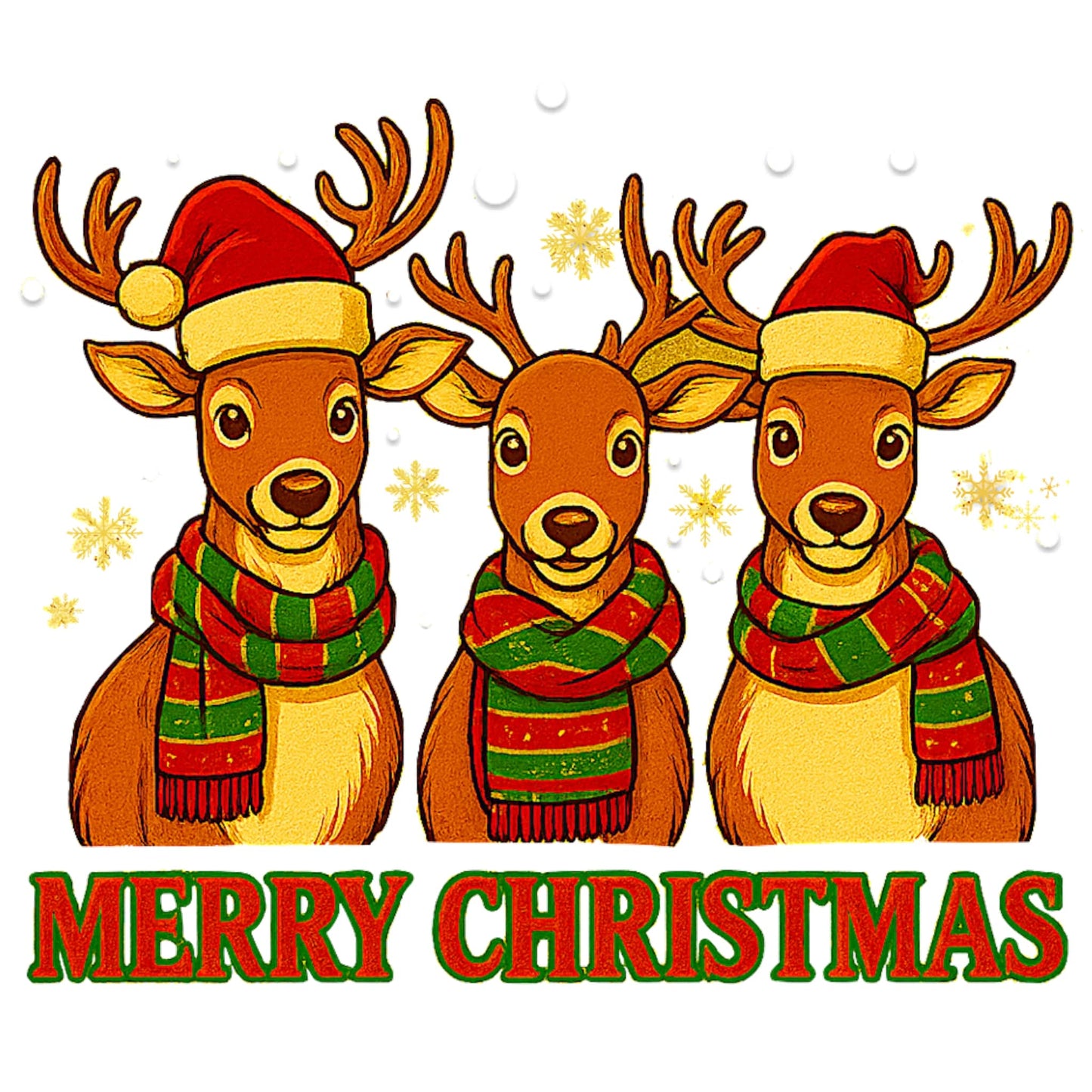 Festive Christmas illustration of four cartoon reindeer wearing colorful scarves and Santa hats, with the bold red text "MERRY CHRISTMAS" underneath.