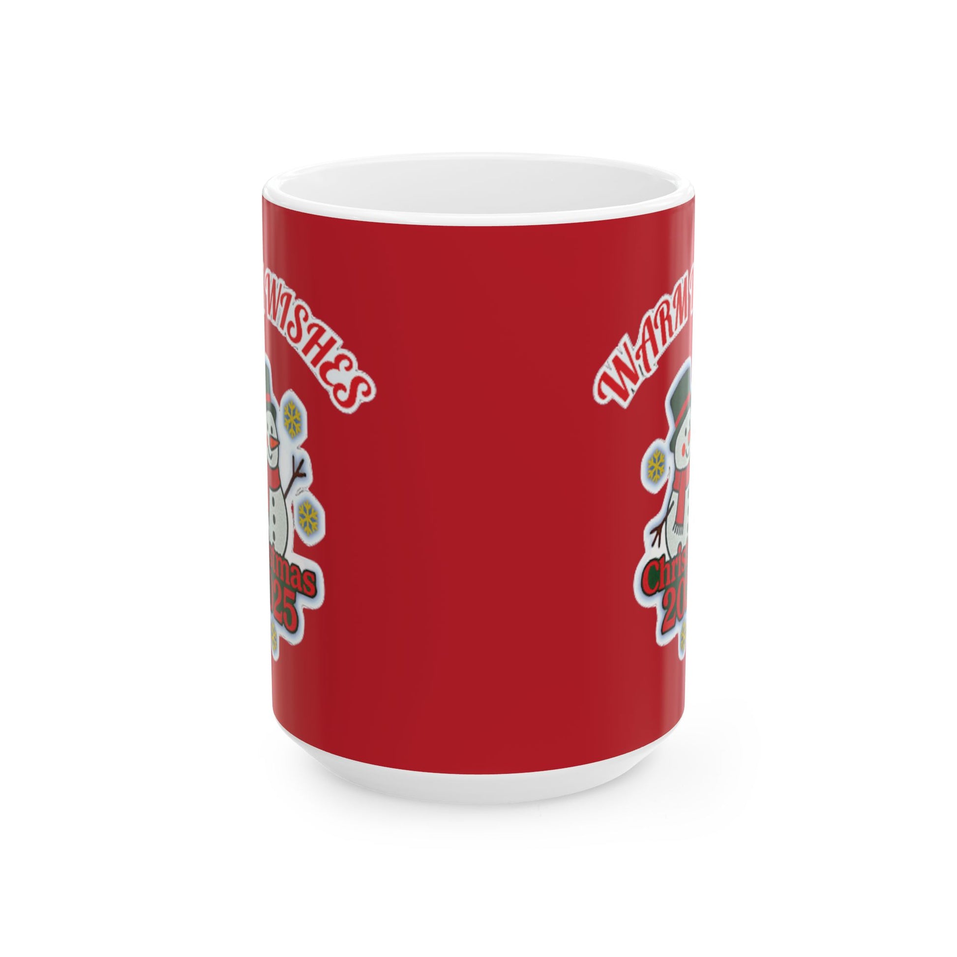 Full wrap view of red Christmas mug with snowman design and 'Warm Wishes Christmas 2025' text – festive holiday coffee cup