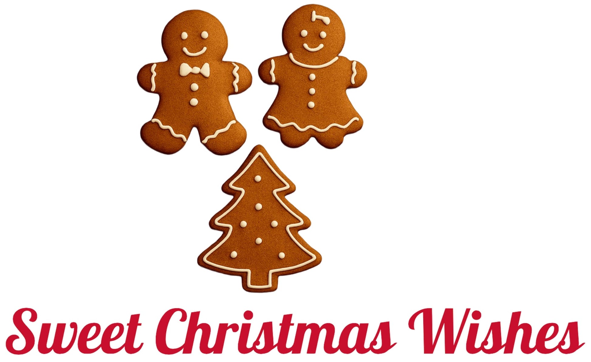 Gingerbread man and woman cookies with a Christmas tree cookie and red festive text 'Sweet Christmas Wishes'.