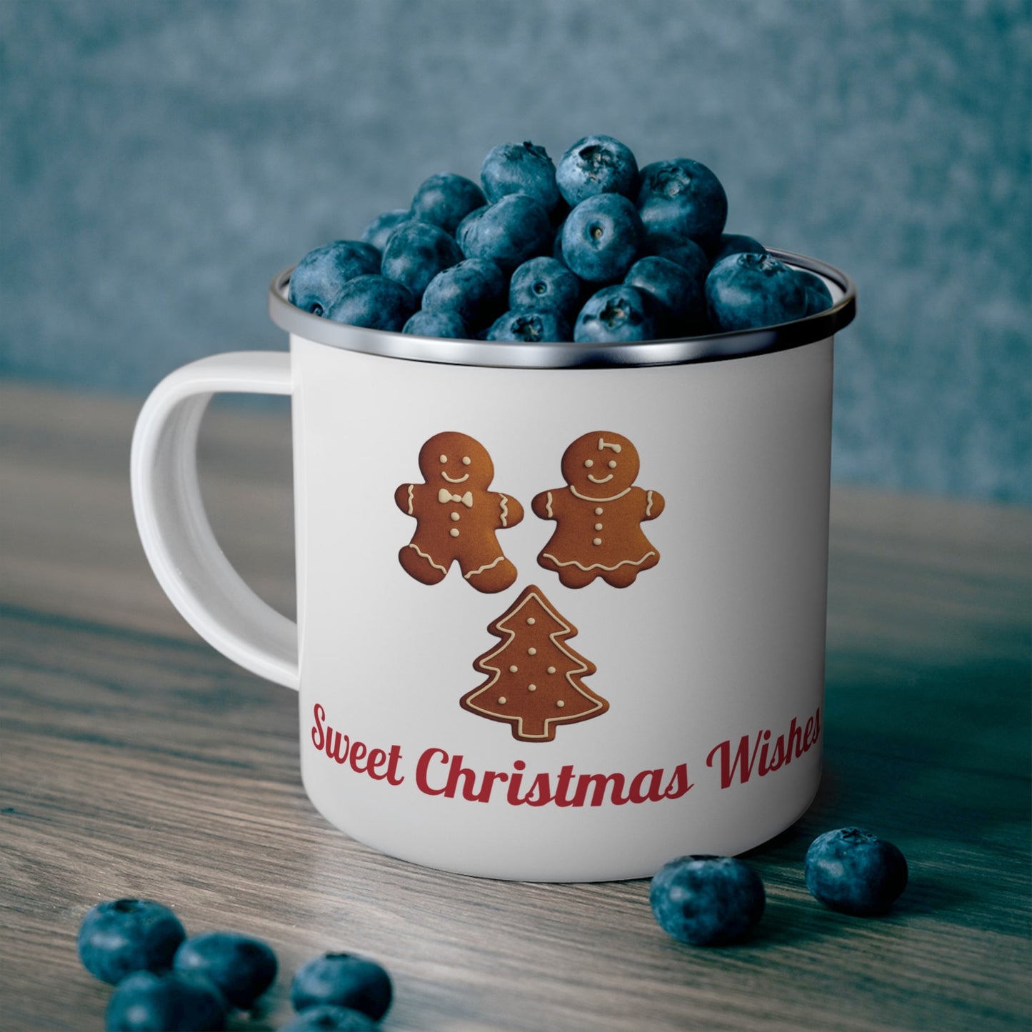 White mug with gingerbread cookies and red "Sweet Christmas Wishes" text, festive holiday design perfect for Christmas gifts.