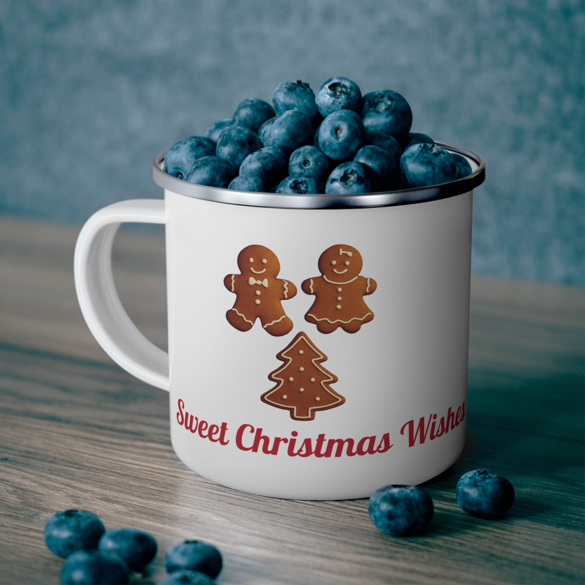 White mug with gingerbread cookies and red "Sweet Christmas Wishes" text, festive holiday design perfect for Christmas gifts.