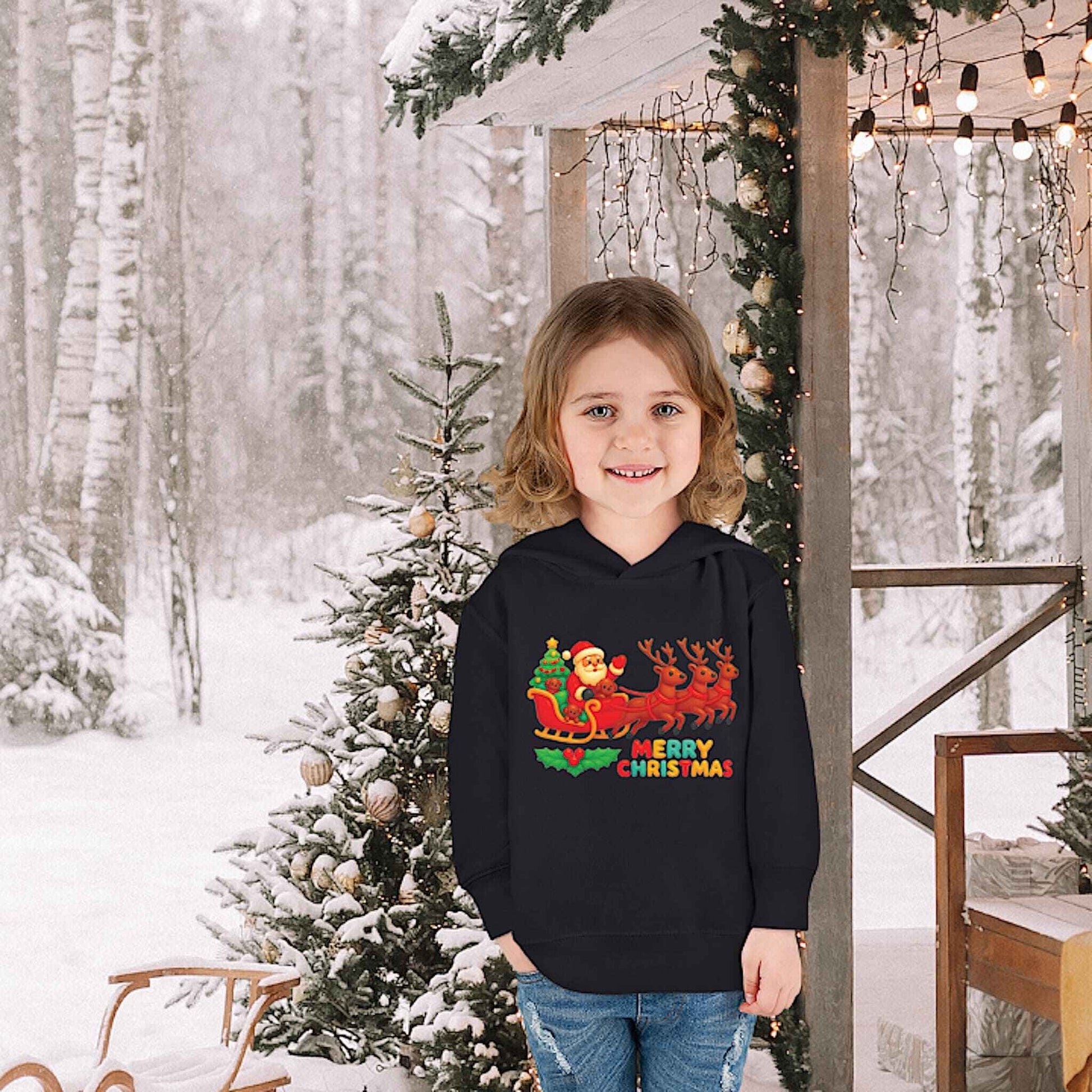 Girl wearing black Christmas hoodie with Santa sleigh and reindeer design, festive winter holiday outfit.