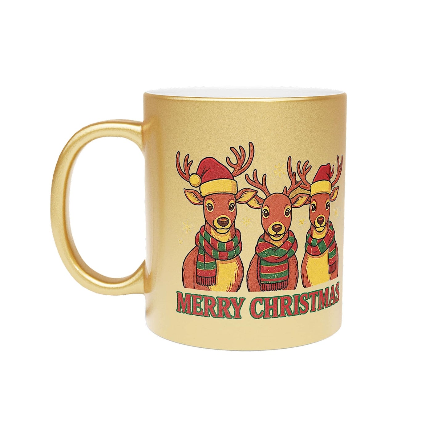 "Gold Christmas mug with three reindeer in Santa hats and scarves, featuring 'Merry Christmas' text on festive design.
