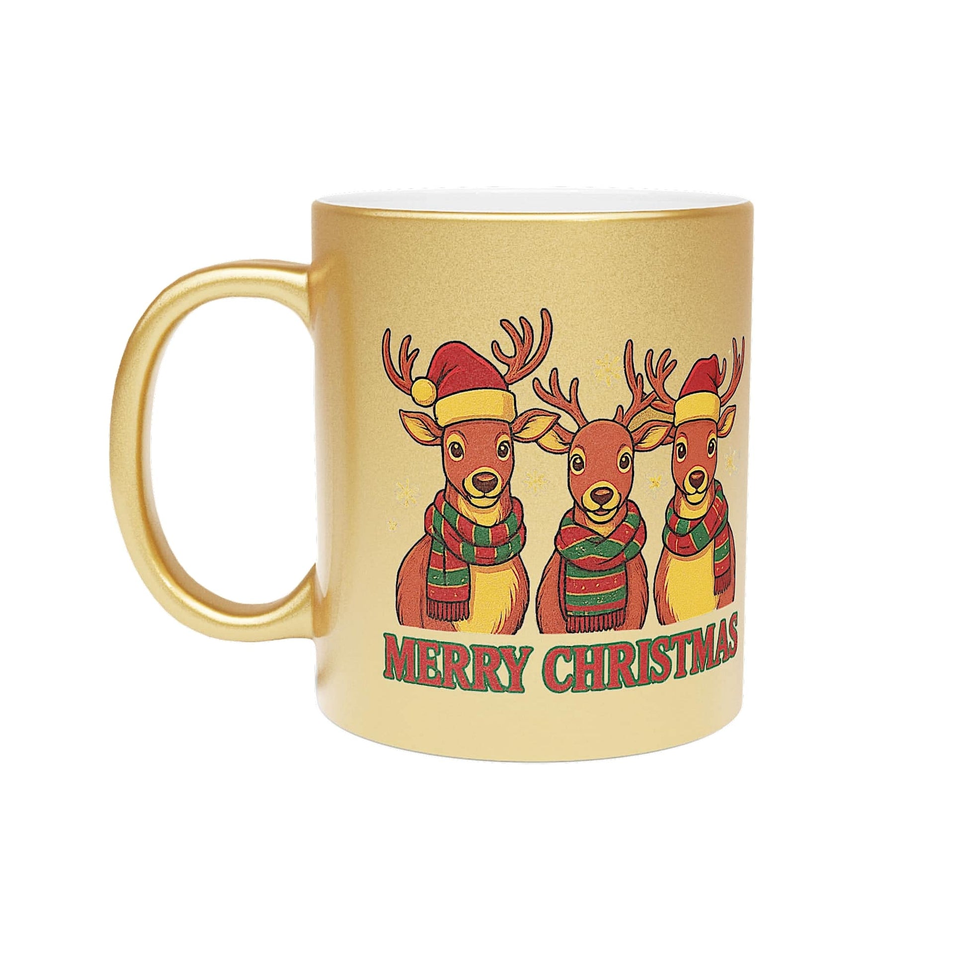 "Gold Christmas mug with three reindeer in Santa hats and scarves, featuring 'Merry Christmas' text on festive design.
