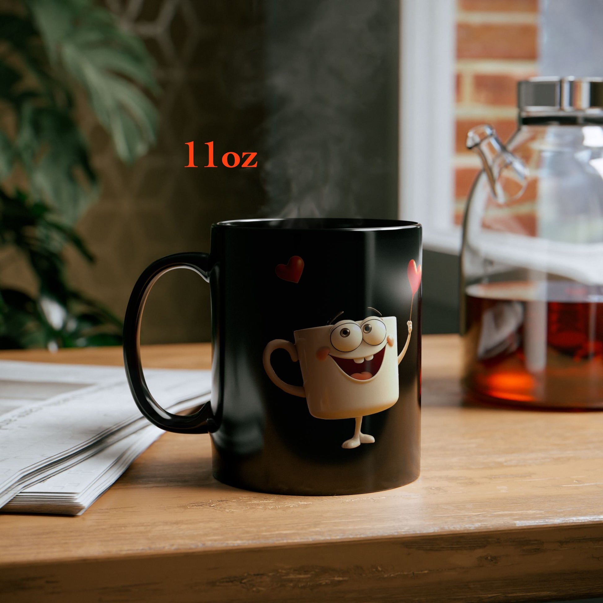 Black mug with smiling marshmallow holding a heart, funny love gift for friend or bestie