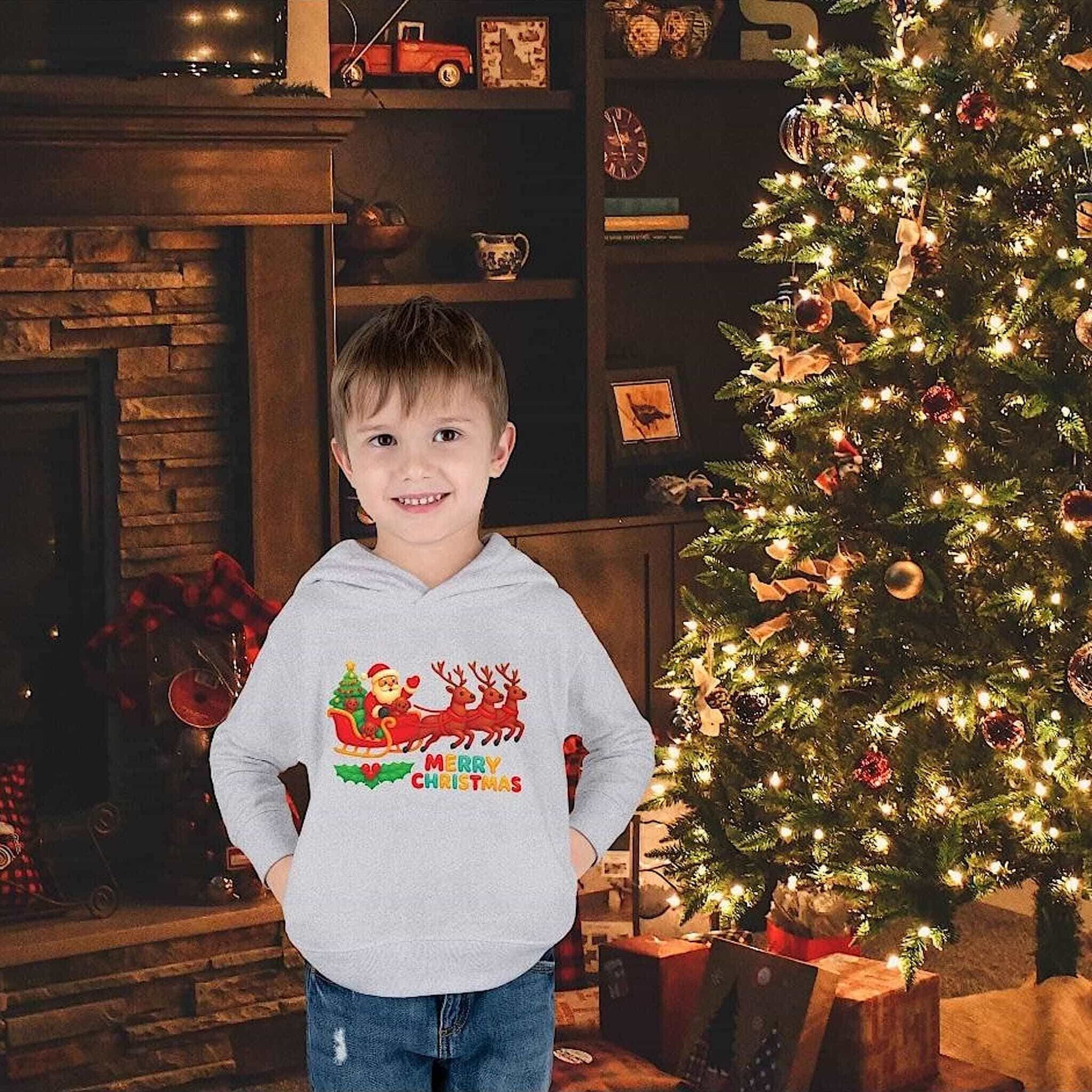 Happy boy wearing heather kids Christmas hoodie with Santa Claus and reindeer Merry Christmas design, standing by decorated Christmas tree and fireplace