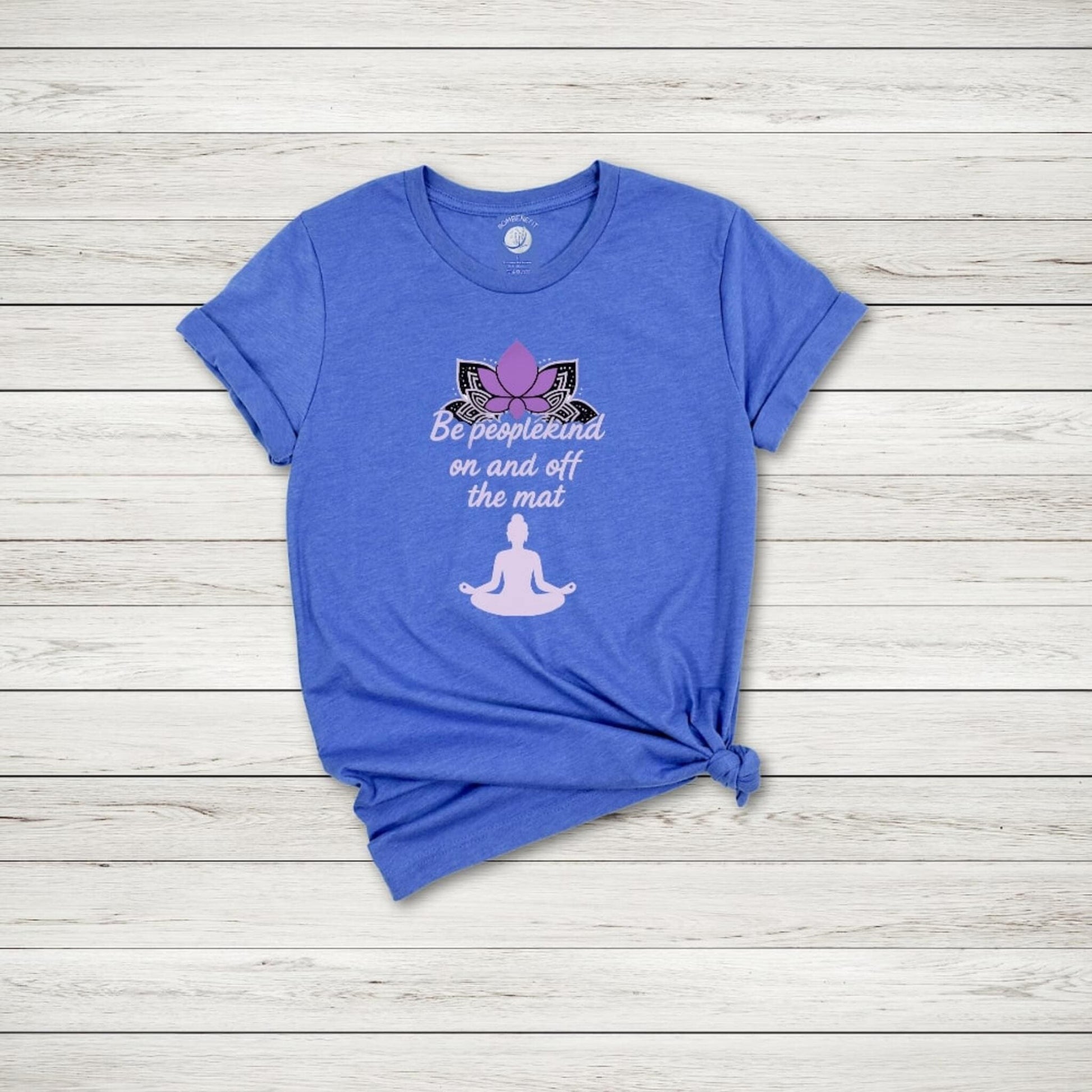 Heather true royal yoga t-shirt with lotus and quote "Be peoplekind on and off the mat" for mindful, spiritual souls