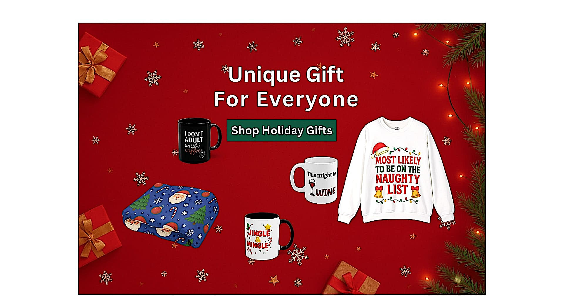 Holiday gift collection featuring festive mugs, a Christmas sweatshirt, and seasonal gift items on a red background.