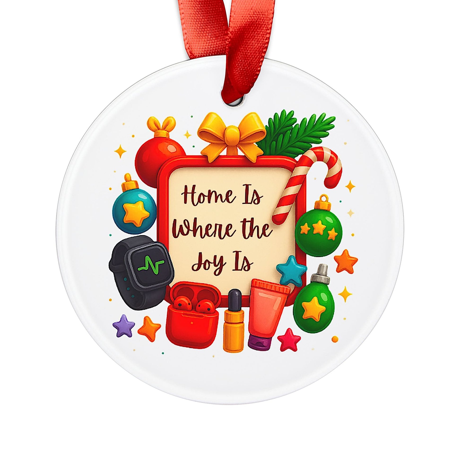 Festive Christmas ornament with the quote “Home Is Where the Joy Is” surrounded by holiday decorations and gifts.