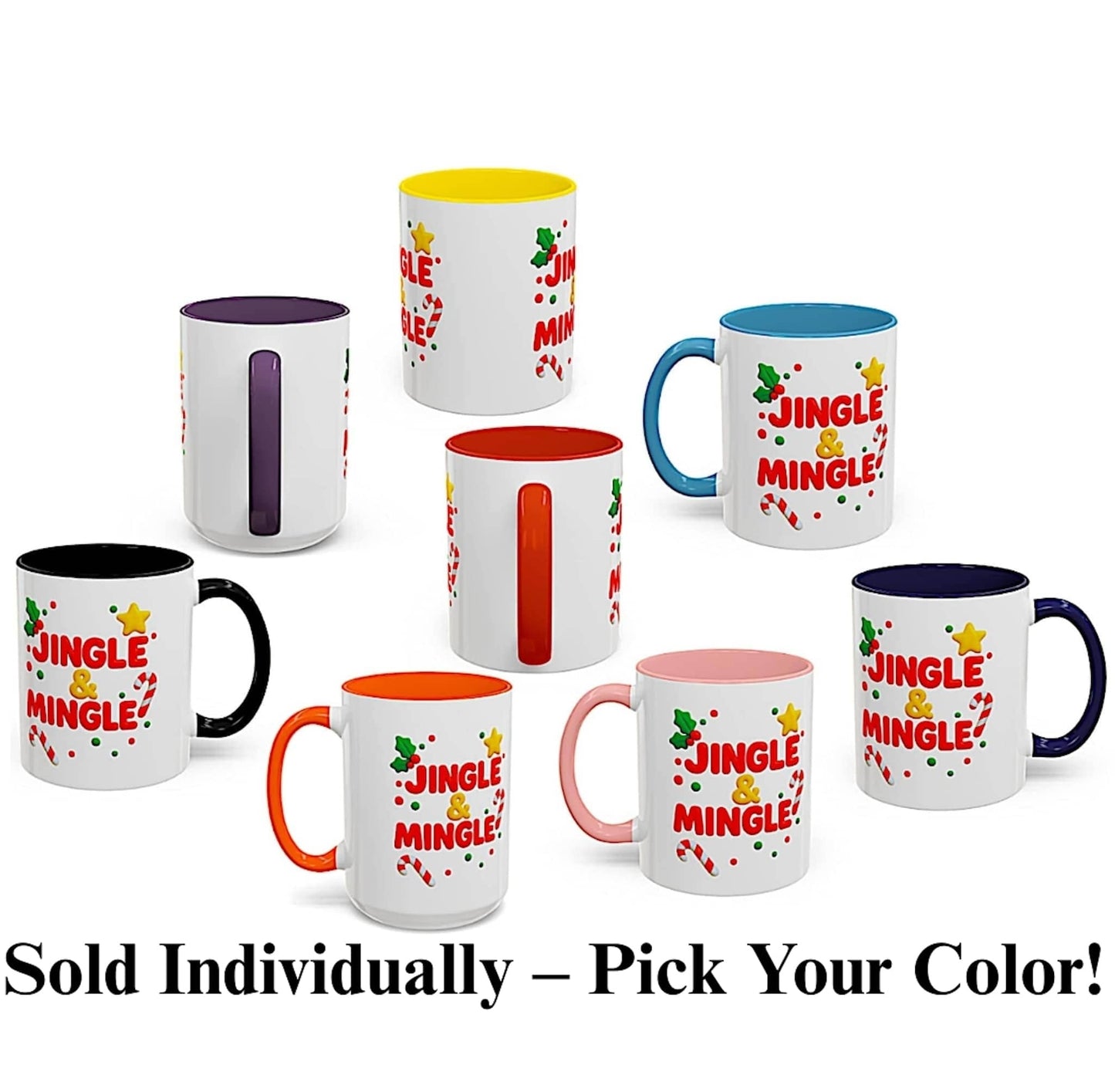 Set of colorful Christmas mugs with Jingle and Mingle design in red, yellow, blue, purple, black, orange, pink, and navy interiors and handles
