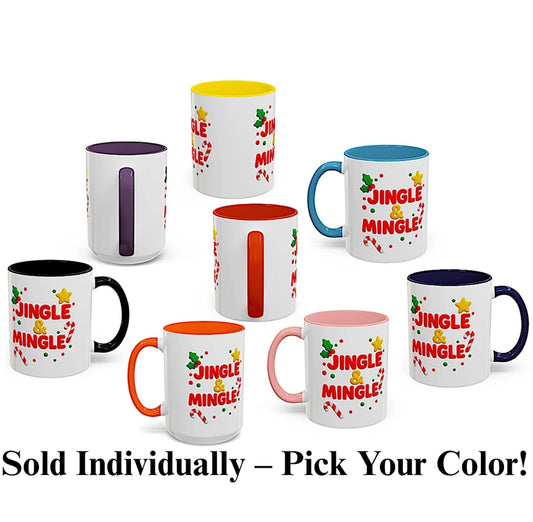 Set of colorful Christmas mugs with Jingle and Mingle design in red, yellow, blue, purple, black, orange, pink, and navy interiors and handles