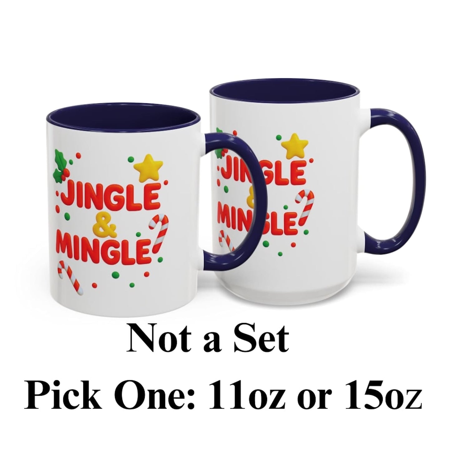 Jingle and Mingle Christmas coffee mug with navy blue handle and interior, candy cane and star design, available in 11oz or 15oz.
