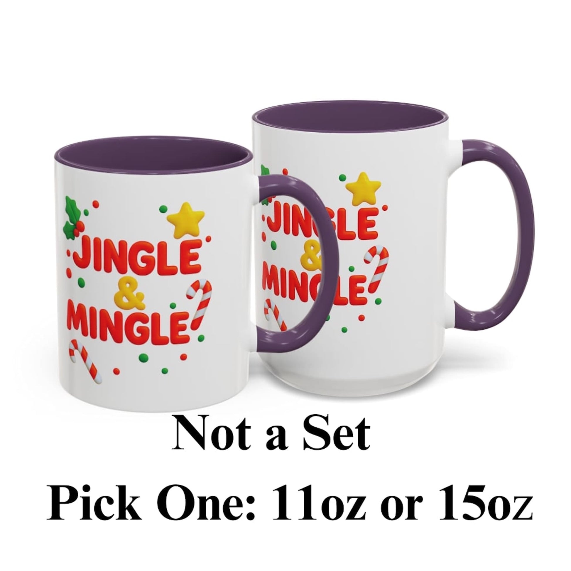 Jingle and Mingle Christmas coffee mug with purple handle and interior, candy cane and star design, available in 11oz or 15oz.